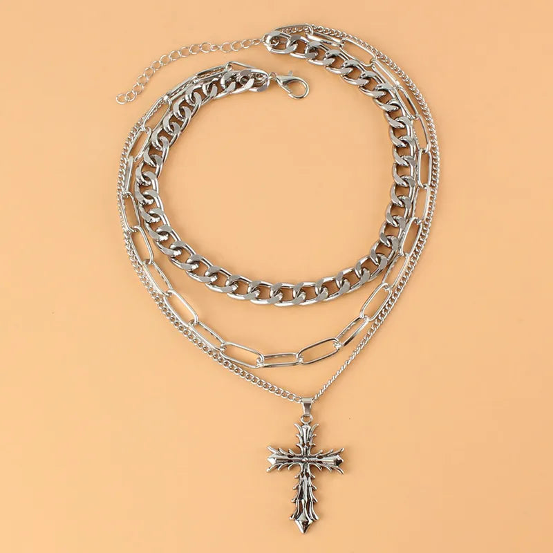 Collar Multicapa con Cruz de Cadena Gruesa - Estilo Punk