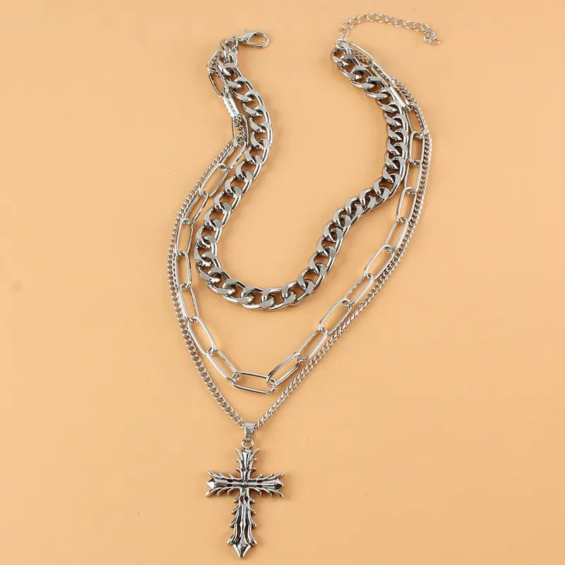Collar Multicapa con Cruz de Cadena Gruesa - Estilo Punk