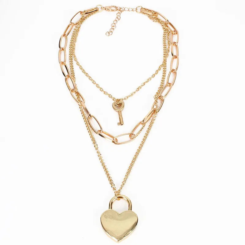 NUEVO - Collar Corazón Candado Dorado con Llave de 50 cm.