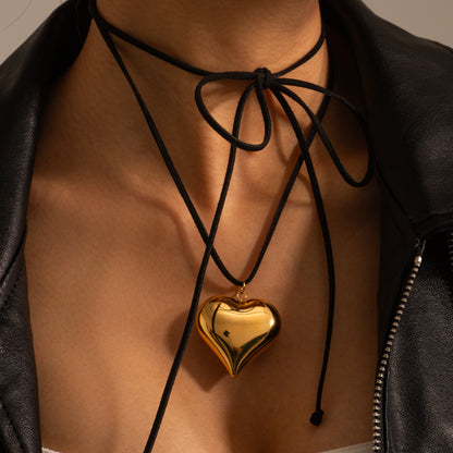 NUEVO - Collar Cuero Corazón Metalizado Dorado / Plateado