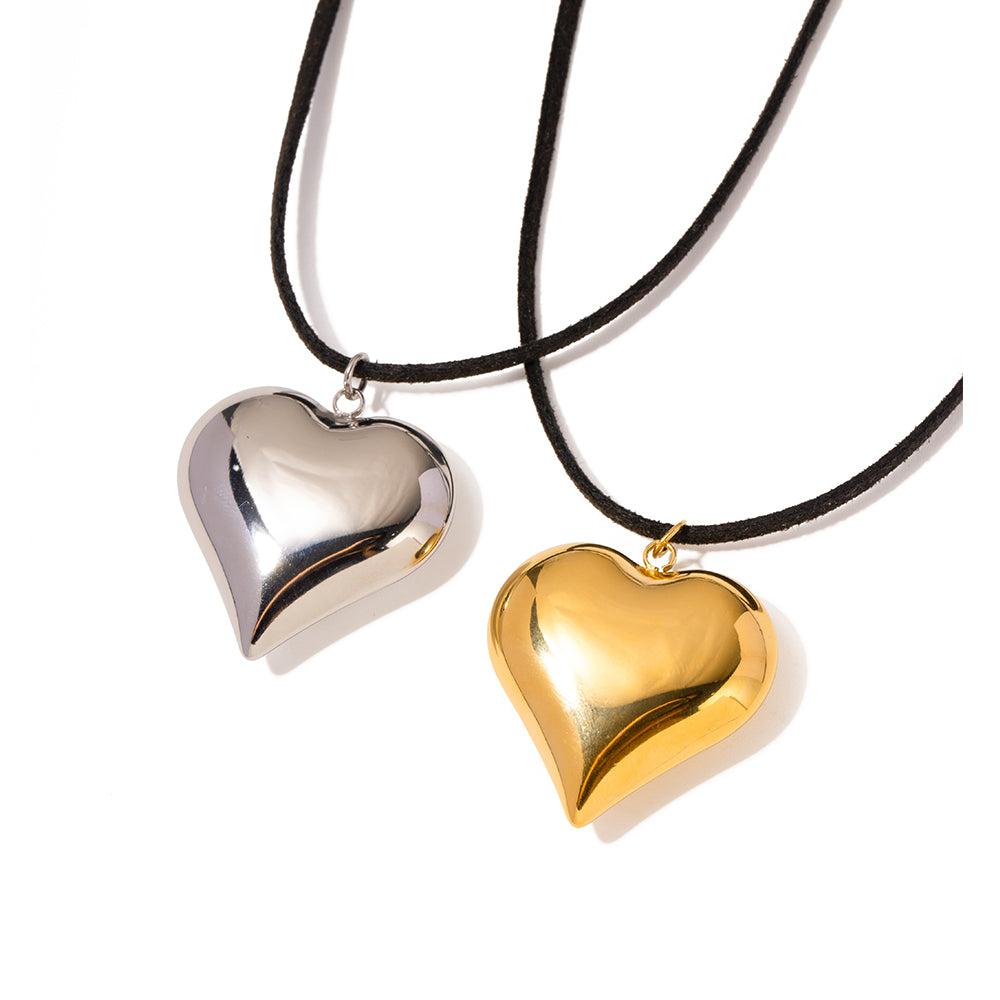 NUEVO - Collar Cuero Corazón Metalizado Dorado / Plateado