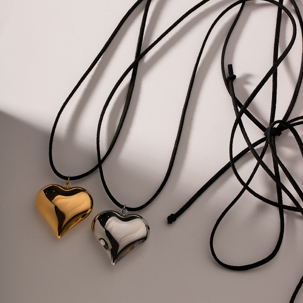 NUEVO - Collar Cuero Corazón Metalizado Dorado / Plateado